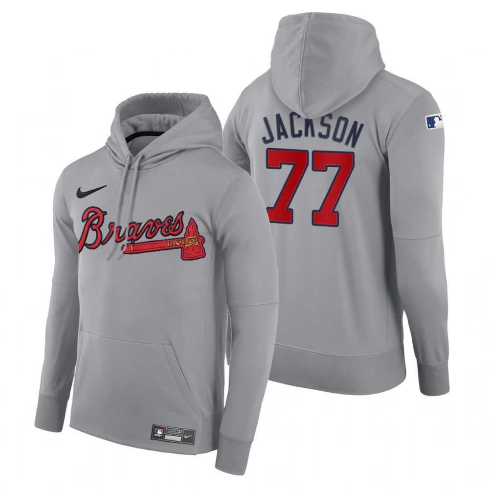 Men Atlanta Braves 77 Jackson gray road hoodie 2021 MLB Nike Jerseys